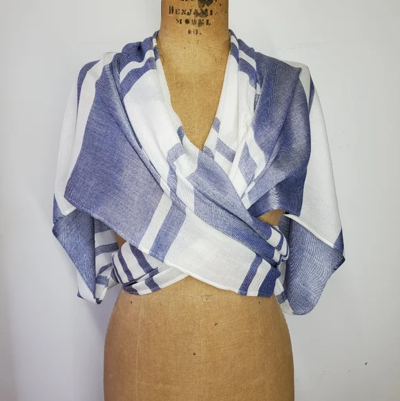 Isaac Mizrahi 72x44 Wrap Shawl Scarf Blue White Swim CoverUp Lightweight Stripe
